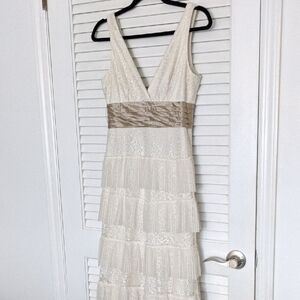 BCBGMaxAzria Cream Lace Maxi Dress with Tan Band